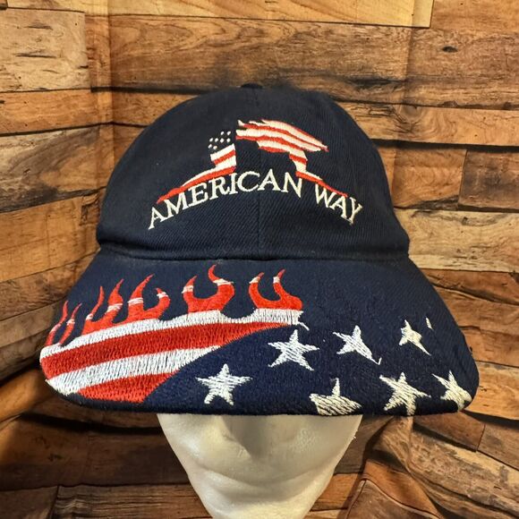 American Way Hat Cap Adjustable Hook & Loop Strap Red White Blue Flames Baseball - Picture 1 of 7